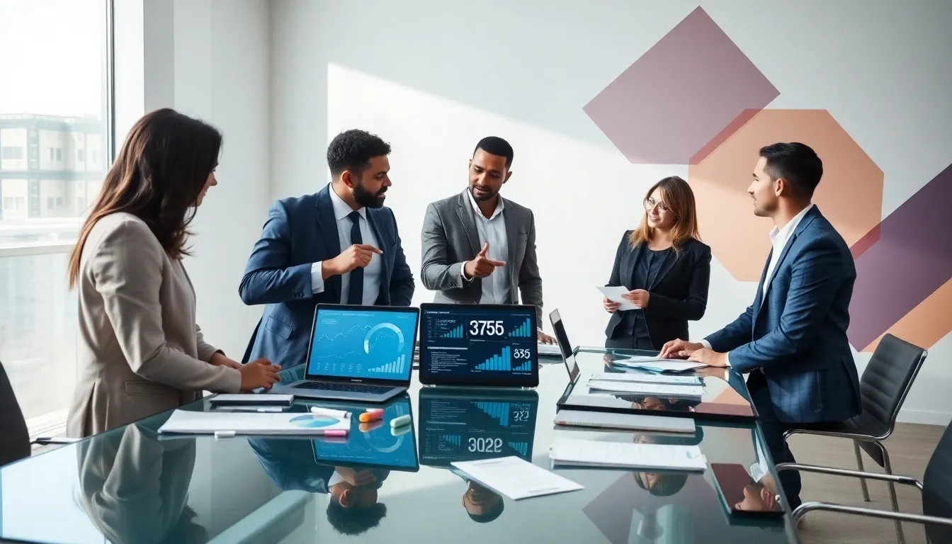 diverse professionals discussing the significance of a number in a modern office.